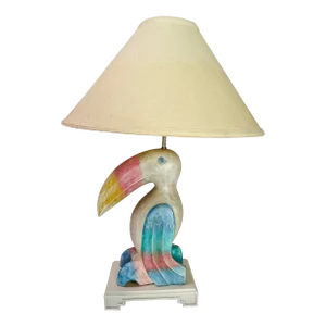 Vintage 1993 Carved Wood Toucan Table Lamp With Original Shade