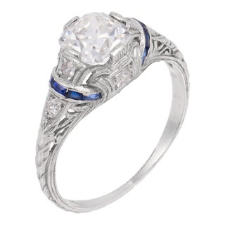 1930s Art Deco Gia 1.00 Carat Old Mine Cut Diamond Sapphire Engagement Ring, Size 5.5 For Sale