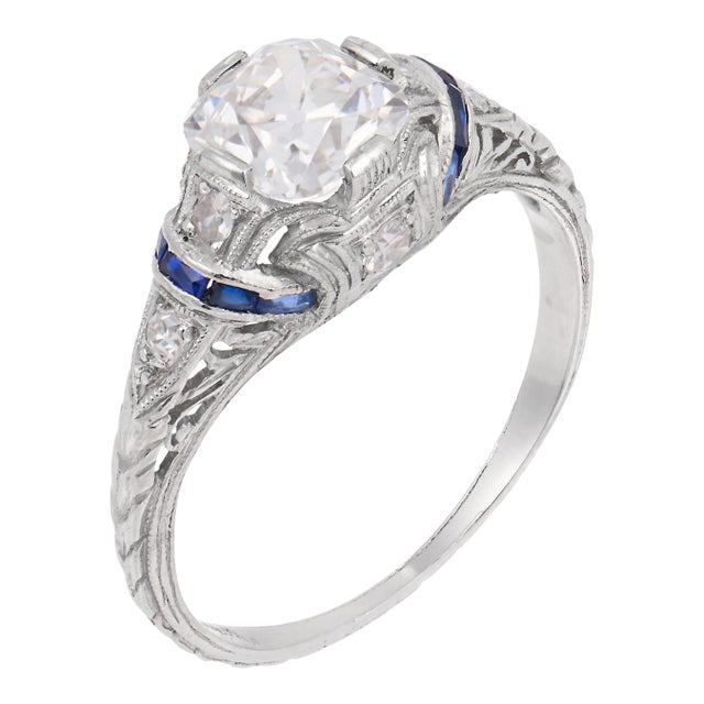 1930s Art Deco Gia 1.00 Carat Old Mine Cut Diamond Sapphire Engagement Ring, Size 5.5 For Sale