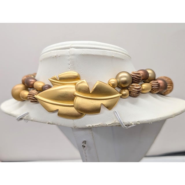 Wood Vintage 1980s Signed Givenchy Goldtone Beaded Leaf Necklace For Sale - Image 7 of 12