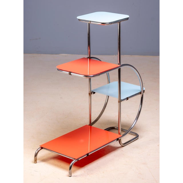 Bauhaus 20th Century Bauhaus Steel Plant Stand with Colored Glass Shelves by Emile Guyot, Czechoslovakia, 1930 For Sale - Image 3 of 6