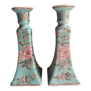 Antique Chinese Export Chinoiserie Ceramic Candlestick Holders - a Pair For Sale
