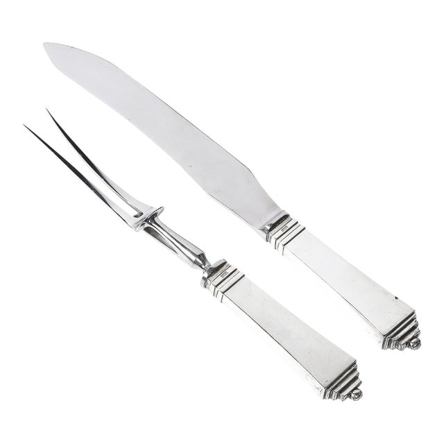 Art Deco Skyscraper Style Sterling Silver Carving Set Signed Georg Jensen For Sale