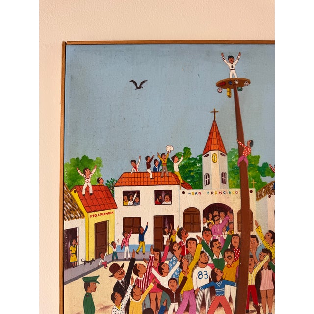 Wood 1970 Vintage Spanish Folk Carnival Oil on Canvas Painting by Fidel Fontalvo For Sale - Image 7 of 10