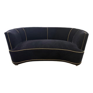 Custom Curved Black Mohair Sofa With Contrast Piping by Danny Cannon Custom Upholstery For Sale