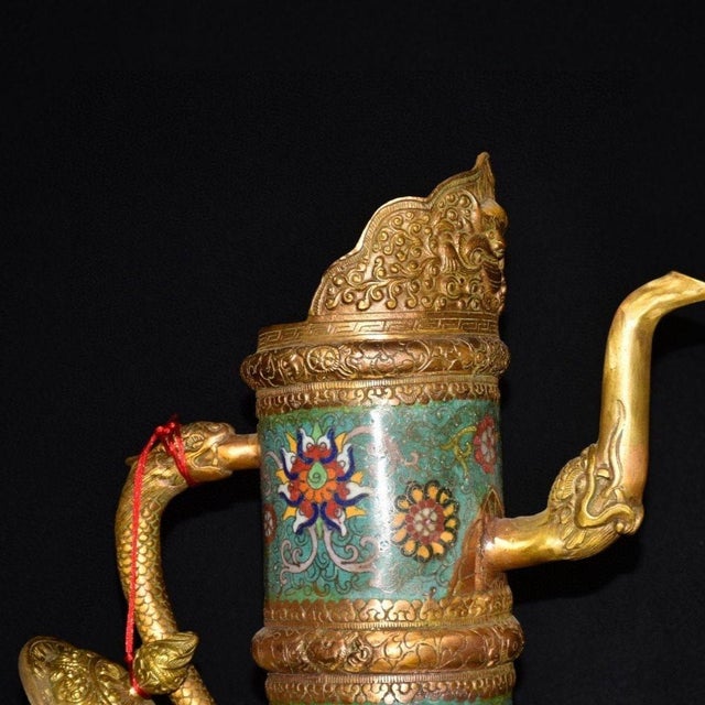 Metal Vintage Asian Cloisonné Gilt Bronze Tibetan Butter Tea Pot - Himalayan Monk's Ewer For Sale - Image 7 of 9