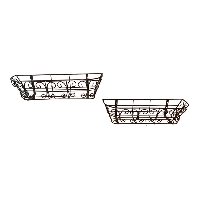 Mid-20th Century Wrought Iron Wall Planters, Pair of Decorative Boxes For Sale