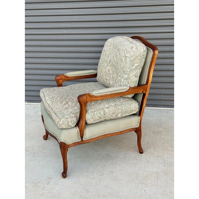 1970s Hickory White French Provincial-Style Bergère Armchair in Sage Green Brocade & Geometric Fabric For Sale In Austin - Image 6 of 14