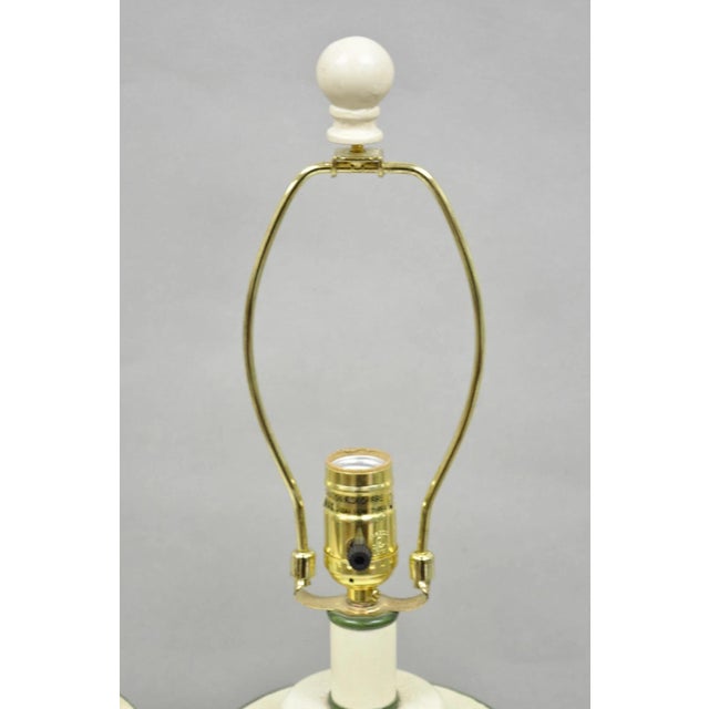 Green Late 20th Century French Country Cream & Green Distressed Tole Metal Cylinder Table Lamps - A Pair For Sale - Image 8 of 14