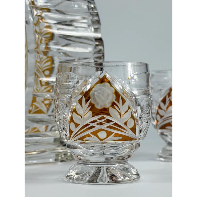 Art Deco Amber Overlay Cut Crystal Decanter & Cordial Glasses, 1930s, Set of 5 For Sale - Image 8 of 17