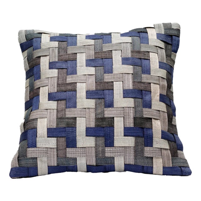 Handwoven Abaca Pillow Cover 18x18 – Blue/Grey – Coconut Shell Buttons For Sale