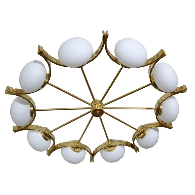 Italian Modern Round Brass And Ten Opaline Glass Globe Chandelier Chairish