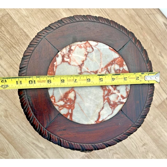 Brown French Plant Stand Table, Hand Carved Lattice Marble Top, Dark Mahogany Petite For Sale - Image 8 of 9