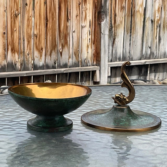 Mid Century Modern Carl Sorensen covered bowl with lid. This piece is a patinated bronze from the 1920’s that is in good...