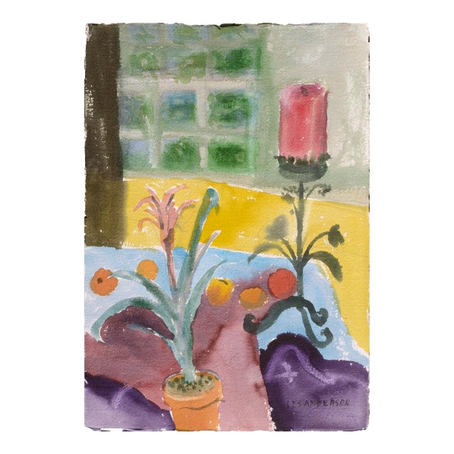 Vintage Watercolor Still Life With Red Candle and Plant by Les Anderson For Sale
