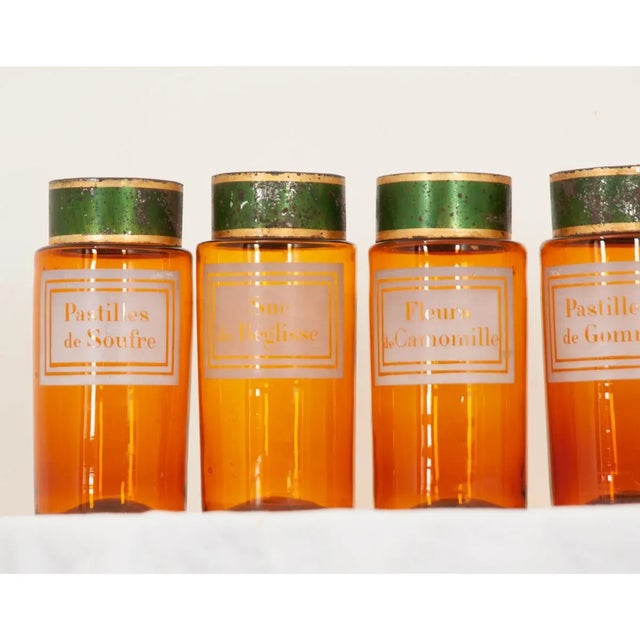 Metal French Amber Glass Apothecary Storage Jars - Set of 6 For Sale - Image 7 of 13