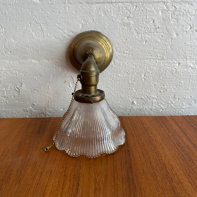 Antique Industrial Brass Wall Sconce With Holophane Glass Shade For Sale In New York - Image 6 of 13