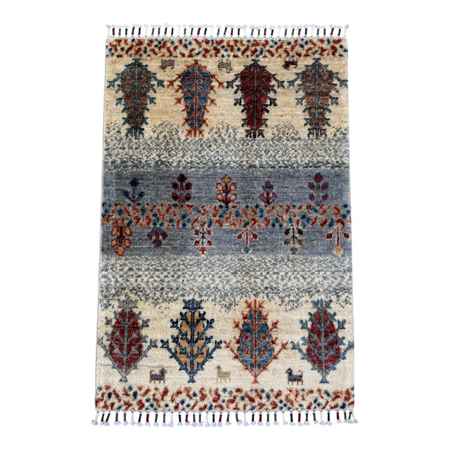 Gabbeh Weeping Willow Rug, Hand-Knotted Wool, 2x3, Ivory & Slate For Sale