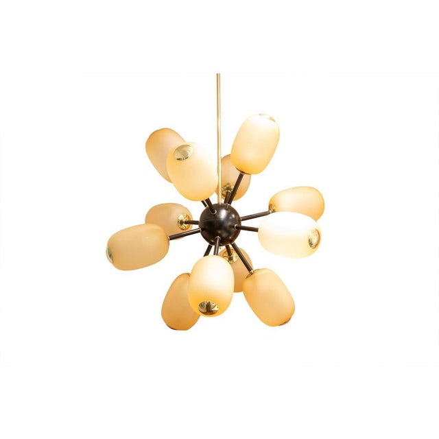 White Sputnik Star Chandelier in Brass and Glass For Sale - Image 8 of 8
