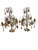 An elegant matched pair vintage French gilt brass candelabra. Adorned with crystal prisms, crystal fruit, glass grape...