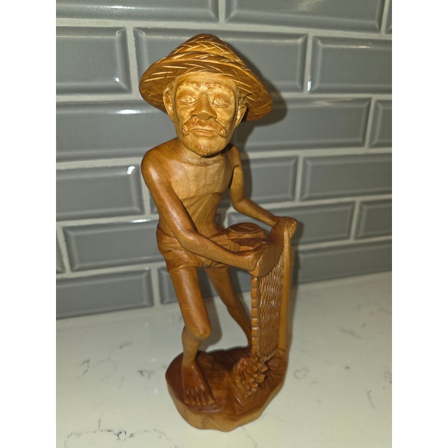 Mid-Century Balinese Art Deco Seated Fisherman With Cast Net Sculpture For Sale - Image 10 of 12