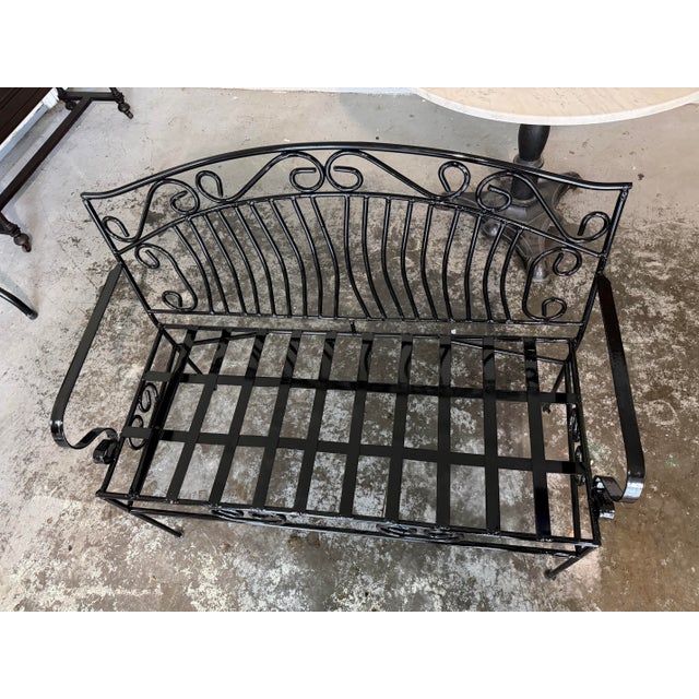 1960s Vintage French Provincial Style Wrought Iron Garden Bench in Glossy Black For Sale - Image 5 of 9