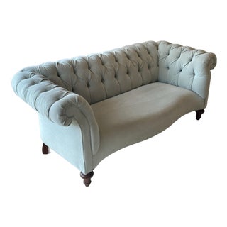 Anthropologie Chesterfield Sofa by Vanguard Furniture – Blue-Green “Mist” Tufted Sofa For Sale