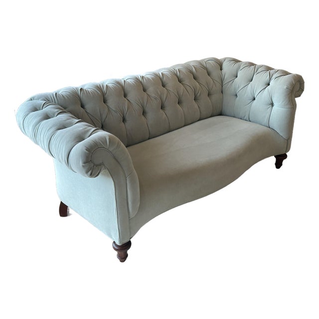 Anthropologie Chesterfield Sofa by Vanguard Furniture – Blue-Green “Mist” Tufted Sofa For Sale