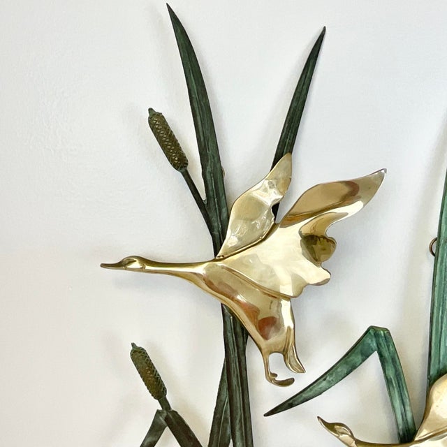 Rustic 1970s Vintage Arts & Crafts Boho Chic Brass Ducks With Verdigris Bronze Cat Tails Wall Sculptural Object. For Sale - Image 3 of 10