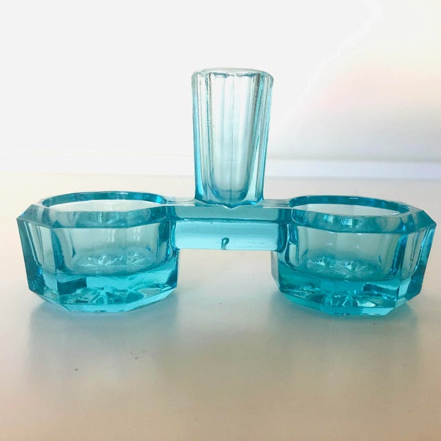 Mid-Century Modern Vintage Aqua Glass Salt & Pepper Pinch Dip Stand For Sale - Image 3 of 6