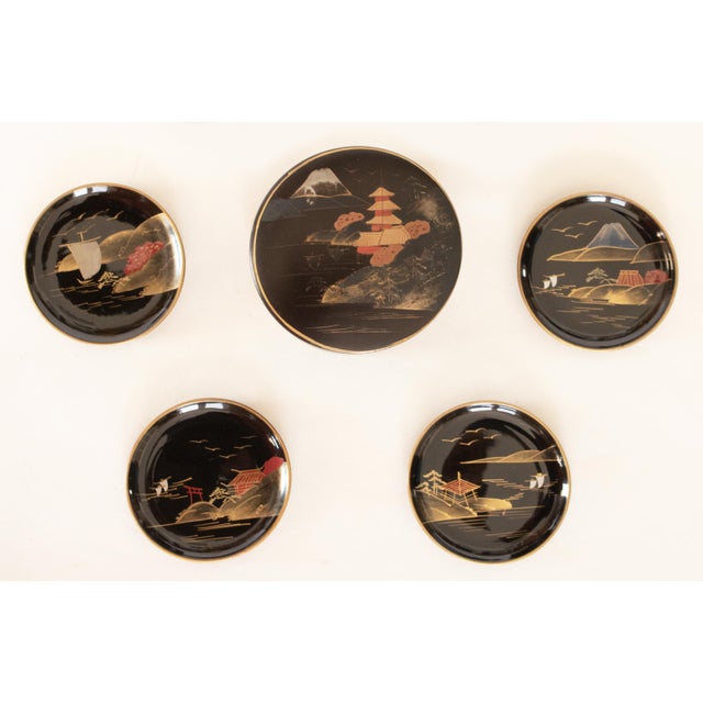 Japanese 1950s Japanese Lacquered Black Wood Set/6 Coasters in Box, by Aizu For Sale - Image 3 of 15