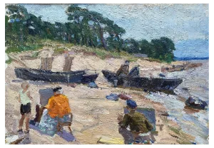 Mise en Abîme Painters on the Beach, Oil on Cardboard, 1953