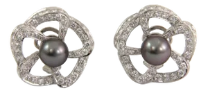 Tahitian Pearl & 4.00ct Diamond Platinum Flower Earrings - 2 Pieces