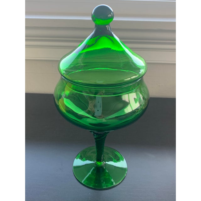 Green 1960s Mid-Century Modern Pedestal Empoli Green Glass Lidded Candy Dish For Sale - Image 8 of 9