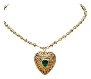 Vintage 14 Karat Yellow Gold Heart Locket WITH Natural Emerald , NO CHAIN