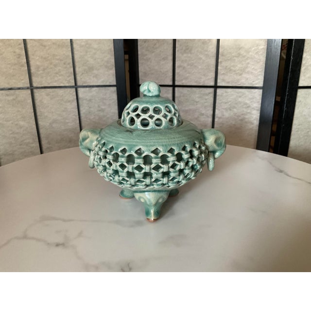2000 - 2009 Korean Blue Celadon Style Lattice Design Incense Burner For Sale - Image 5 of 6