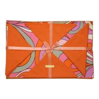 Boxed Set of Six 1960s Orange & Pink Swirl Linen Place Mats & Napkins (New/ Old Stock!) For Sale
