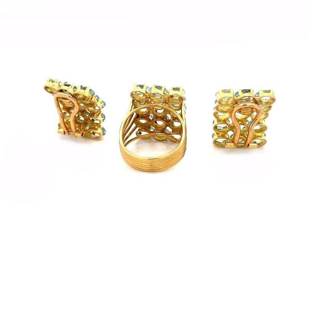Late 20th Century Aquamarine 18k Gold Earrings Ring Set Yellow 5 Row Oval Set Design, 3 Pieces For Sale - Image 5 of 10