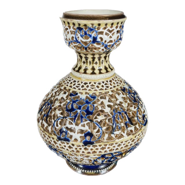 Zsolnay Double Walled Reticulated Porcelain Vase, Cobalt Blue, Gilded, 1887-1889 For Sale