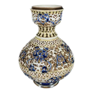 Zsolnay Double Walled Reticulated Porcelain Vase, Cobalt Blue, Gilded, 1887-1889