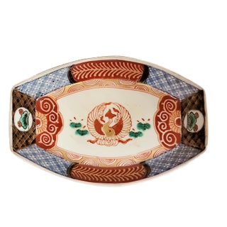 Antique Chinese Boat Shaped Low Bowl With Phoenix and Lotus in Imari Palette 19th Century Porcelain For Sale