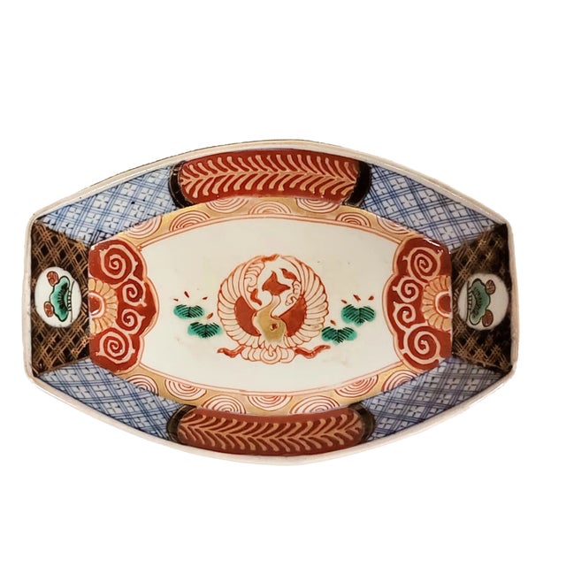 Antique Chinese Boat Shaped Low Bowl With Phoenix and Lotus in Imari Palette 19th Century Porcelain For Sale