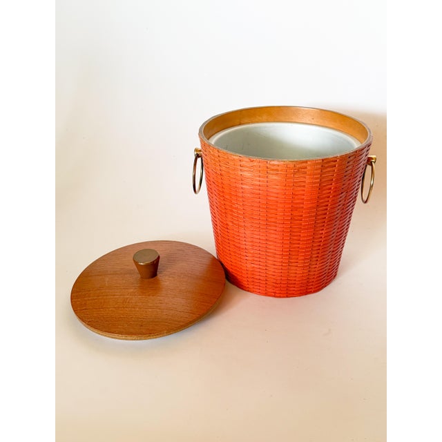 Mid Century Persimmon Woven Rattan and Teak Ice Bucket For Sale - Image 11 of 12
