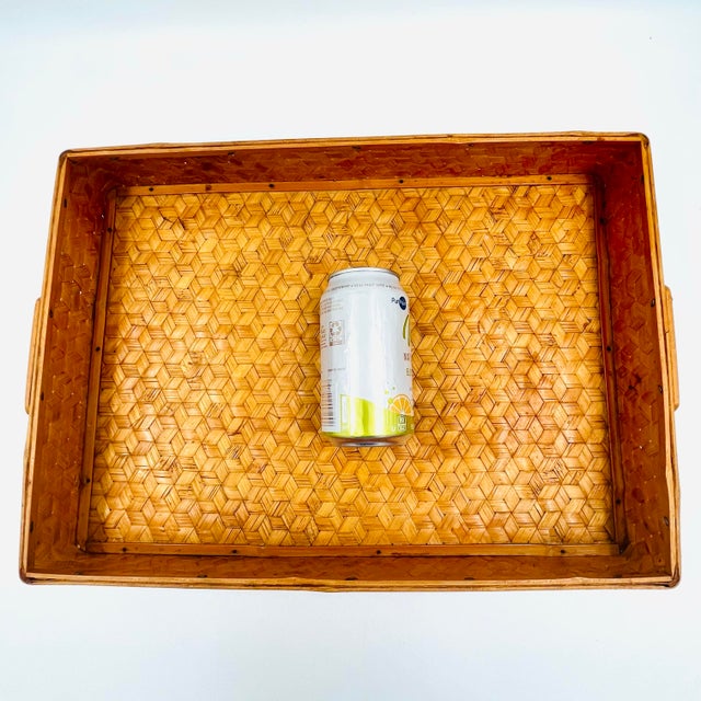 Charming vintage 1970s Chinese bamboo serving tray featuring beautifully woven split rattan and classic bamboo trim and...