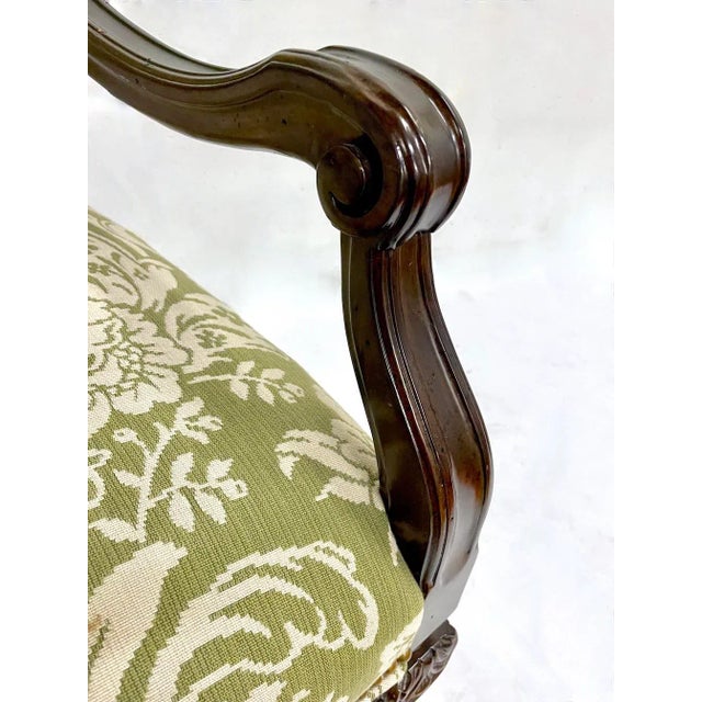 Vintage Carved & Green Floral Damask Armchair For Sale - Image 11 of 12