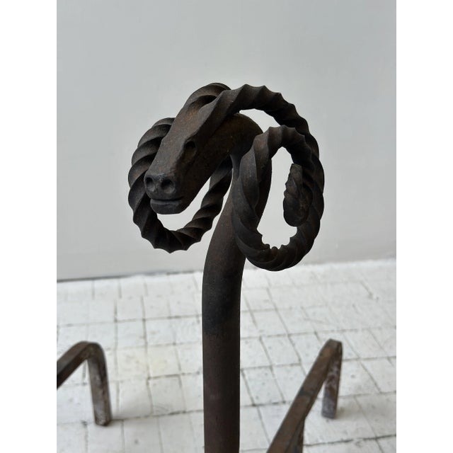 Antique Wrought Iron Figural Ram Andirons, a Pair, Circa Early 20th Century For Sale In New York - Image 6 of 18