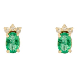 Minimalist Emerald Diamond Oval 14k Gold Stud Earrings- A Pair For Sale