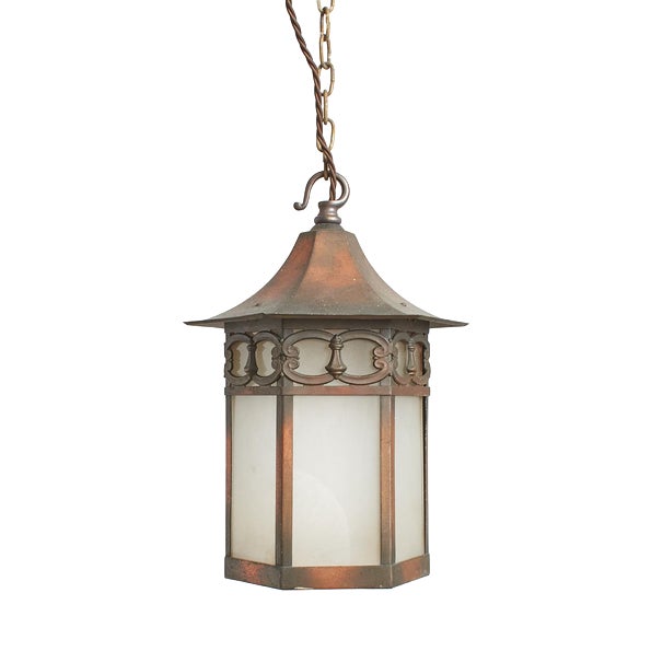 Antique Arts and Crafts Glass Hexagonal Lantern Pendant Light, 1930s For Sale
