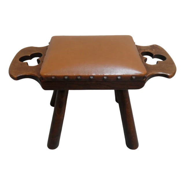 Vintage Oak Milk Stool with Leather Top, 1890s For Sale