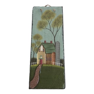 Vintage Painting of Rustic Green Barn on Slate For Sale